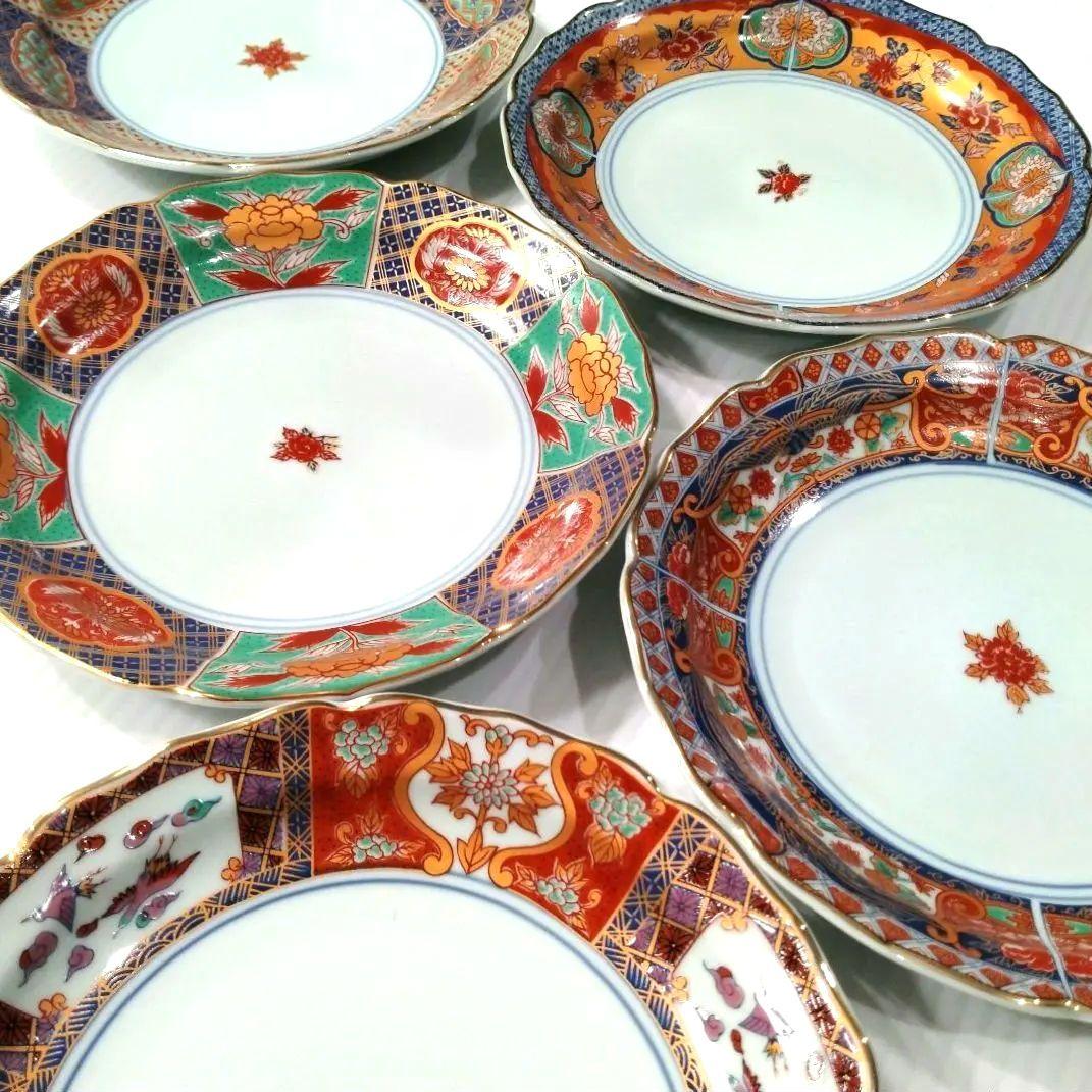 有田焼 金彩 古伊万里 華窯 輪花皿 絵変わり 中皿 色絵 色錦 金襴手 5客揃