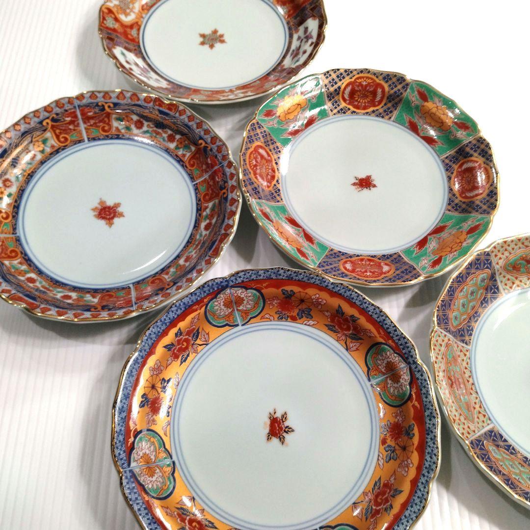 有田焼 金彩 古伊万里 華窯 輪花皿 絵変わり 中皿 色絵 色錦 金襴手 5客揃