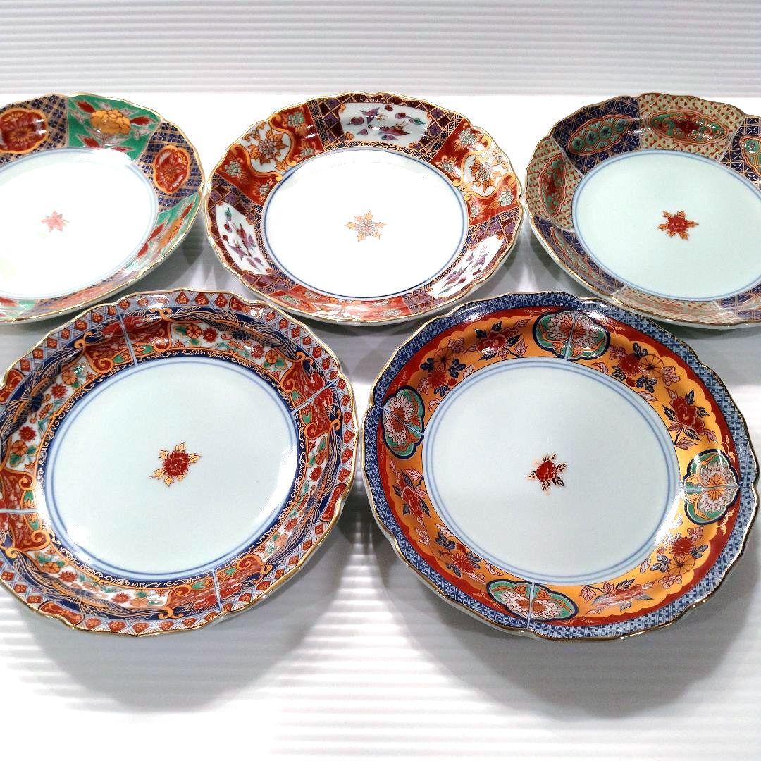 有田焼 金彩 古伊万里 華窯 輪花皿 絵変わり 中皿 色絵 色錦 金襴手 5客揃
