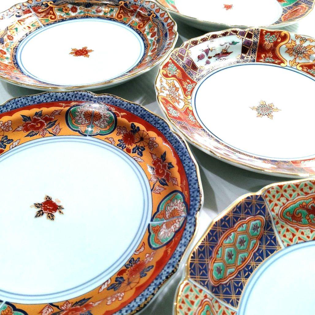 有田焼 金彩 古伊万里 華窯 輪花皿 絵変わり 中皿 色絵 色錦 金襴手 5客揃