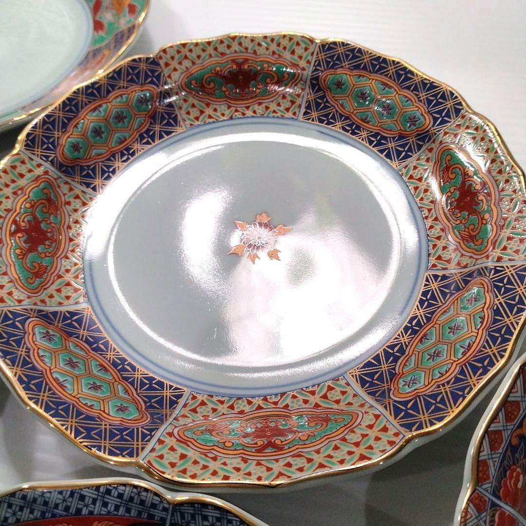 有田焼 金彩 古伊万里 華窯 輪花皿 絵変わり 中皿 色絵 色錦 金襴手 5客揃