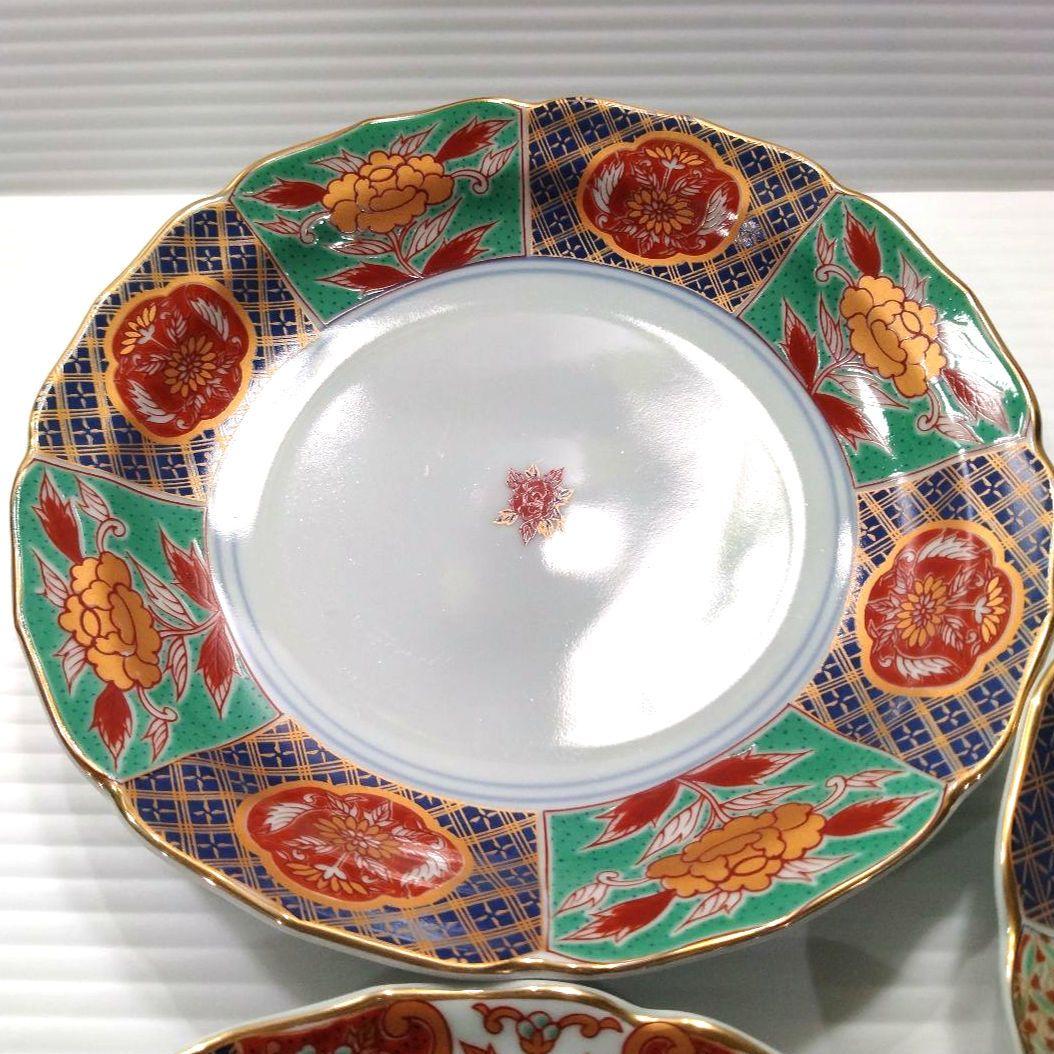 有田焼 金彩 古伊万里 華窯 輪花皿 絵変わり 中皿 色絵 色錦 金襴手 5客揃