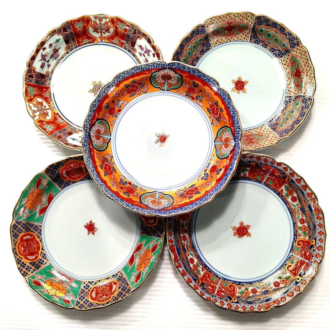 有田焼 金彩 古伊万里 華窯 輪花皿 絵変わり 中皿 色絵 色錦 金襴手 5客揃