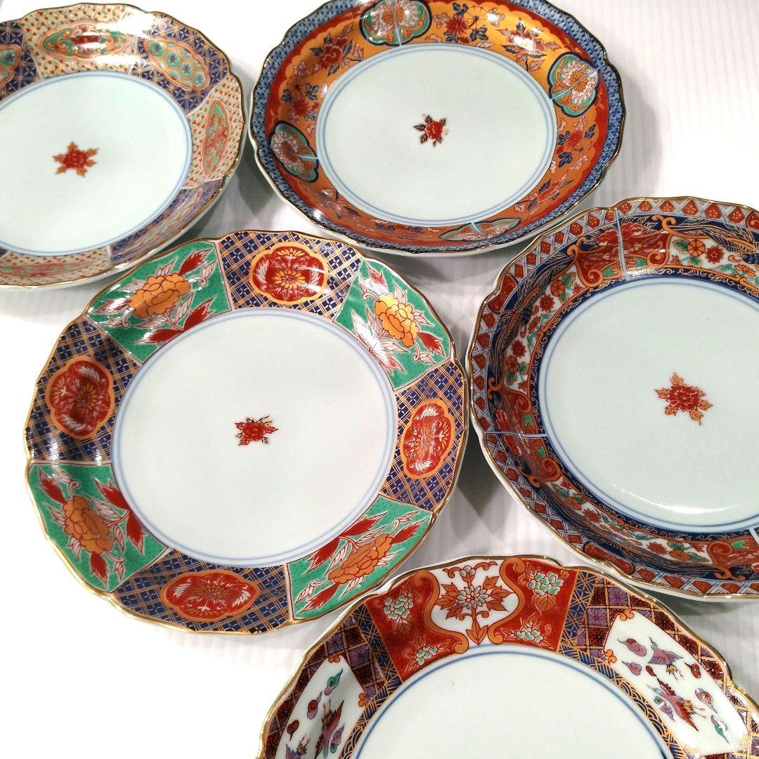 有田焼 金彩 古伊万里 華窯 輪花皿 絵変わり 中皿 色絵 色錦 金襴手 5客揃