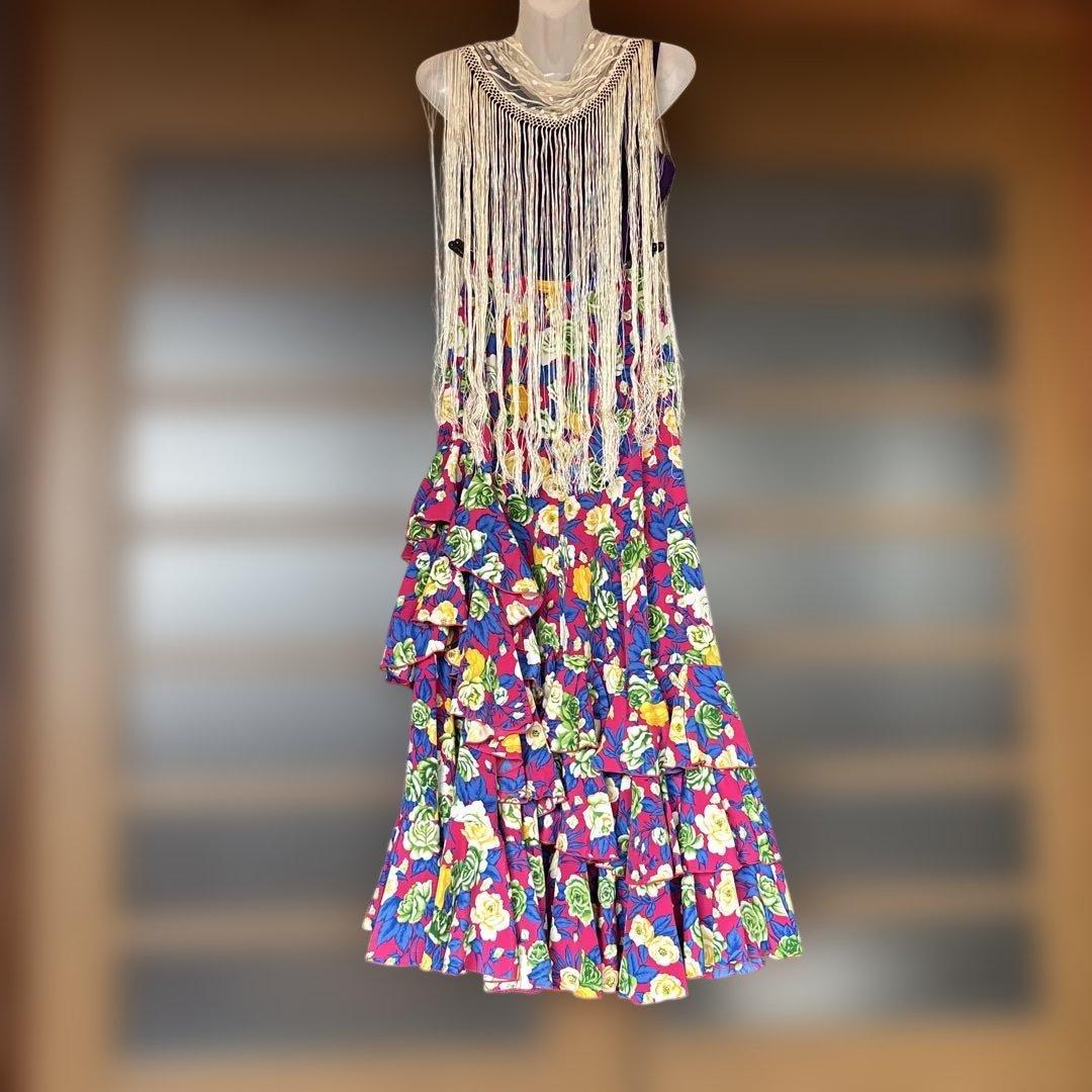 フラメンコ スカート 紫と花柄三点セットアップ