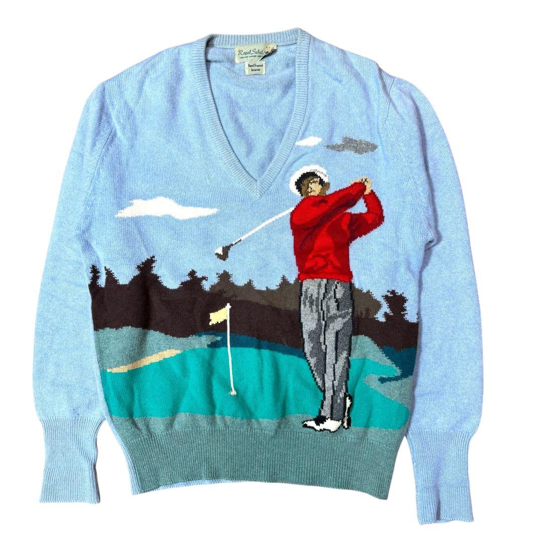 L相当 スコットランド製 ピュアカシミヤ100% ゴルフ柄 インターシャニット