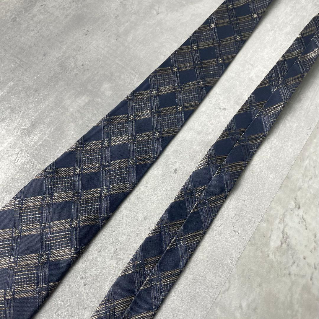 美品 CHANEL シャネル ジャガード ココマーク 格子柄 ネクタイ ネイビー