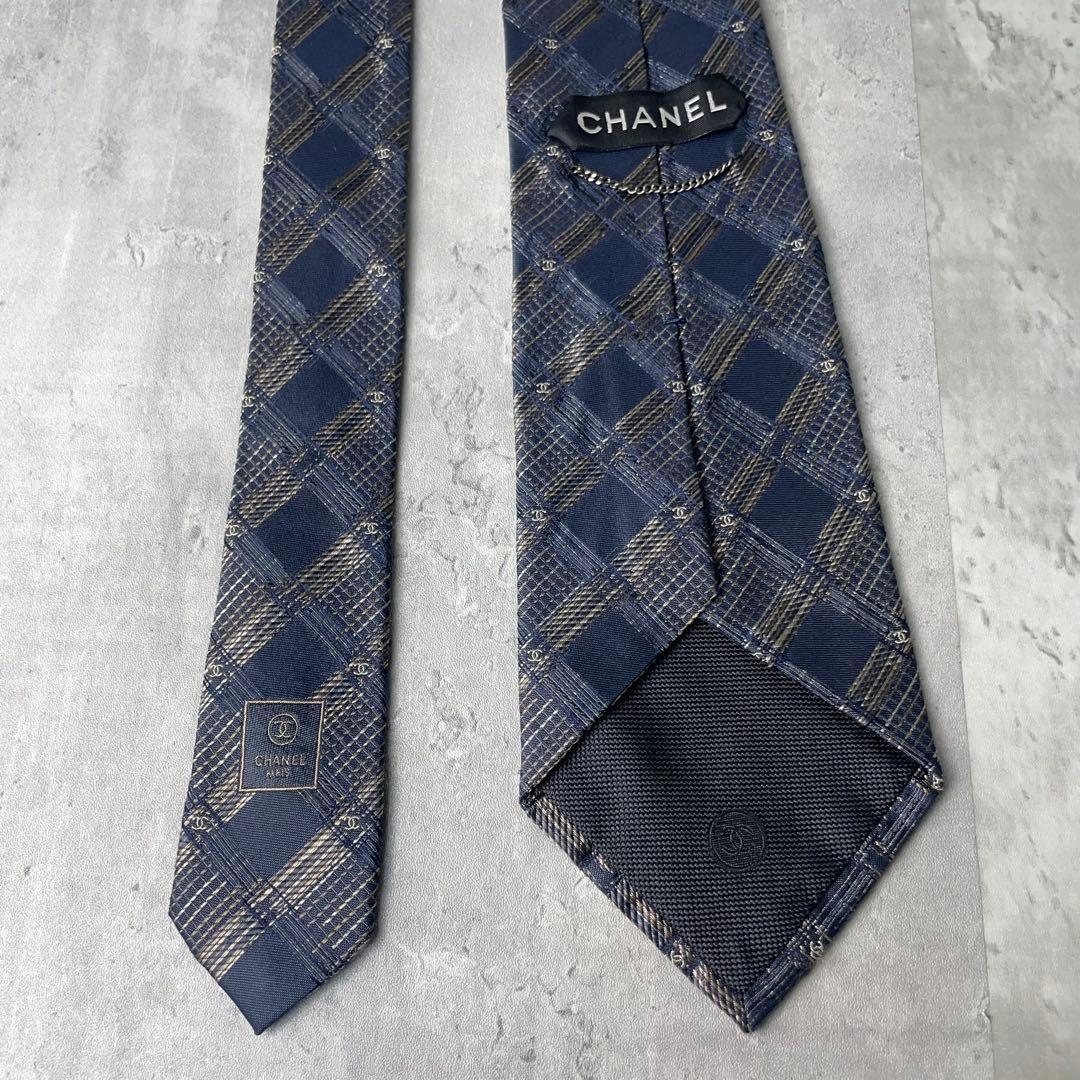 美品 CHANEL シャネル ジャガード ココマーク 格子柄 ネクタイ ネイビー