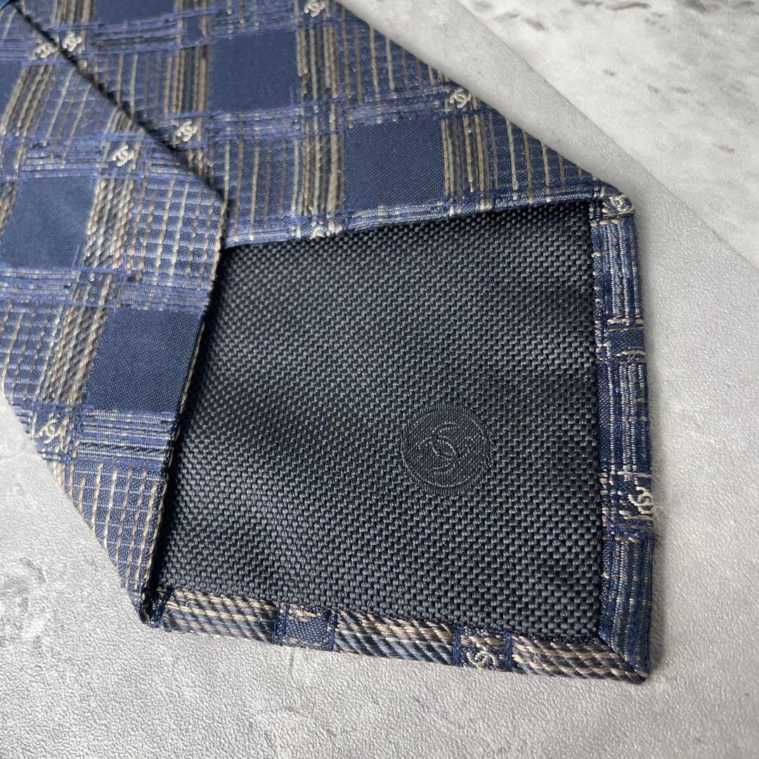 美品 CHANEL シャネル ジャガード ココマーク 格子柄 ネクタイ ネイビー