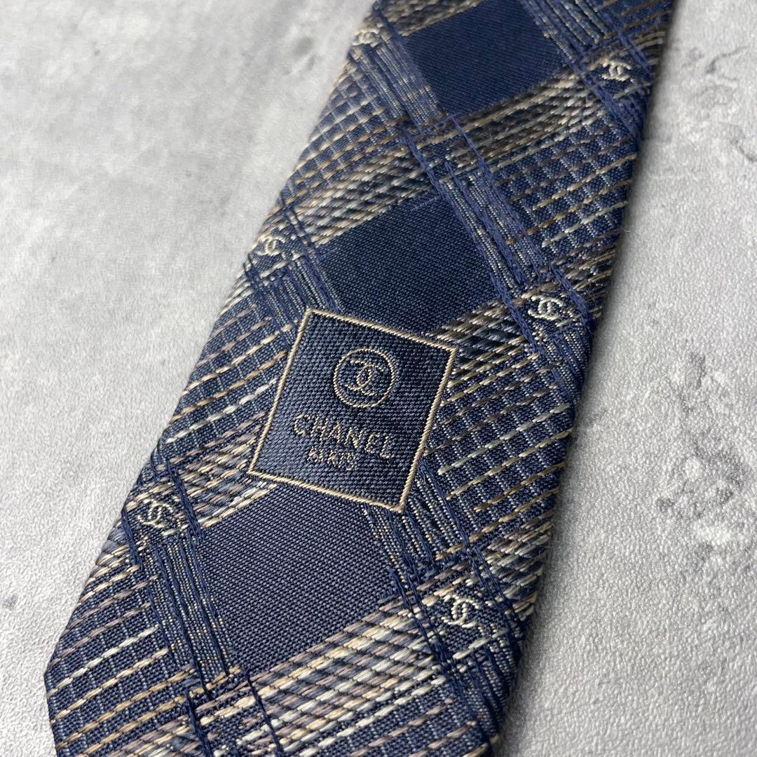 美品 CHANEL シャネル ジャガード ココマーク 格子柄 ネクタイ ネイビー
