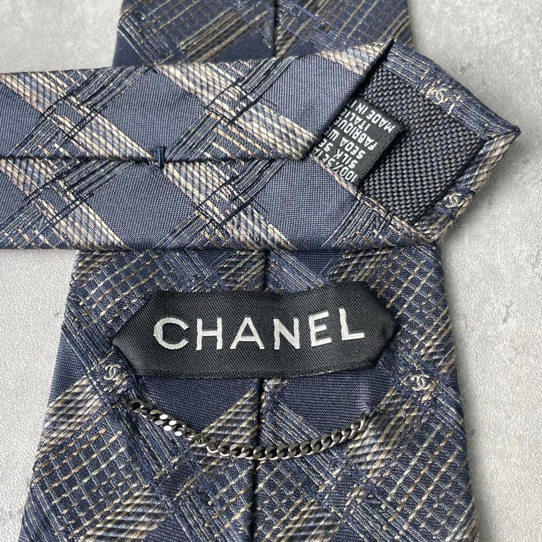 美品 CHANEL シャネル ジャガード ココマーク 格子柄 ネクタイ ネイビー
