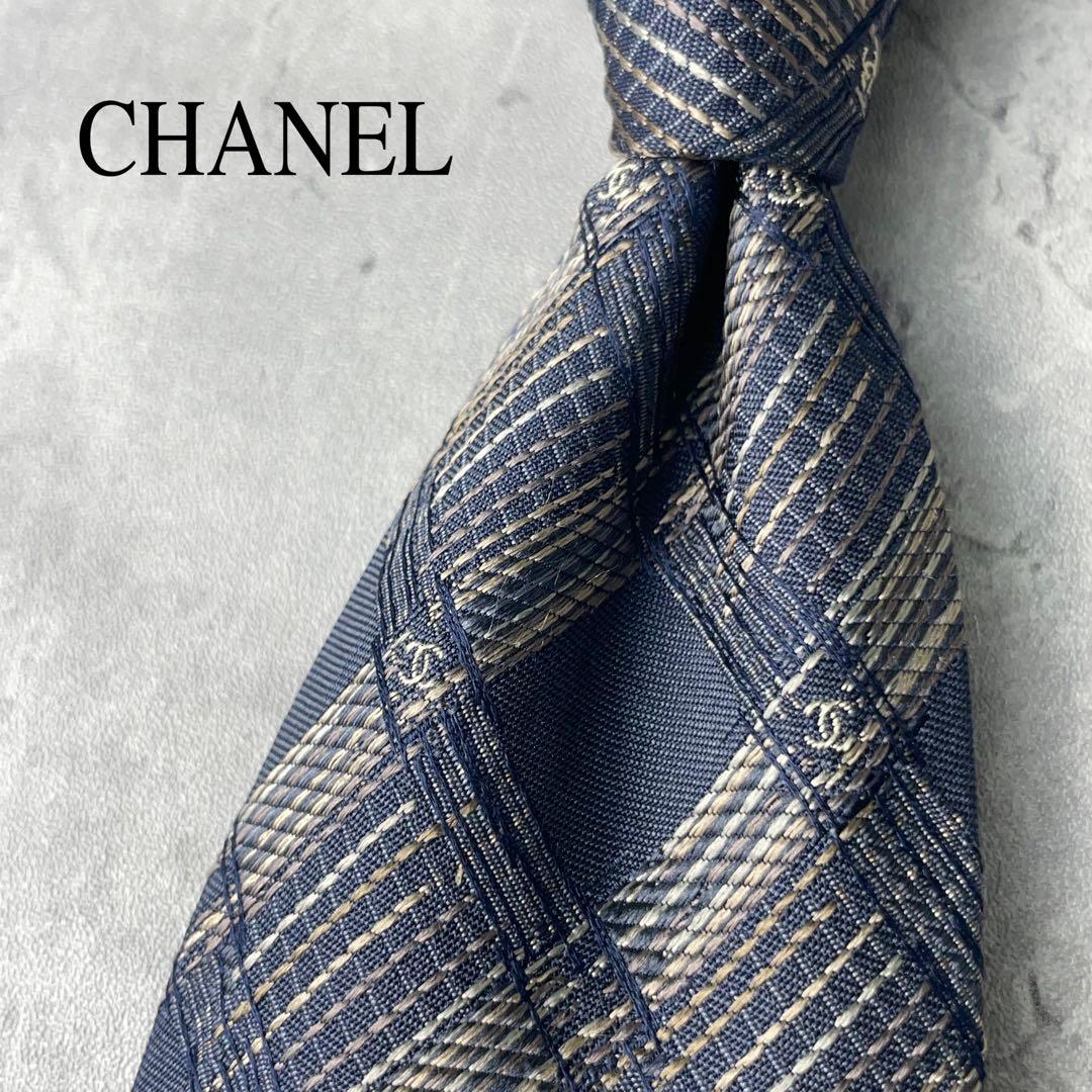 美品 CHANEL シャネル ジャガード ココマーク 格子柄 ネクタイ ネイビー