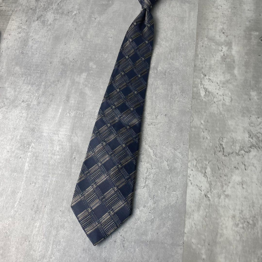 美品 CHANEL シャネル ジャガード ココマーク 格子柄 ネクタイ ネイビー