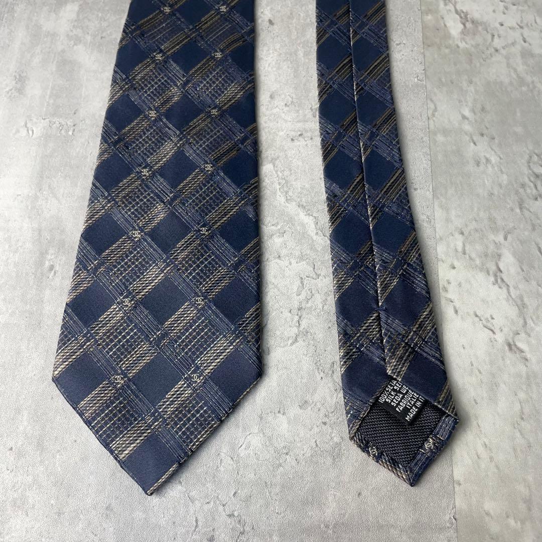 美品 CHANEL シャネル ジャガード ココマーク 格子柄 ネクタイ ネイビー