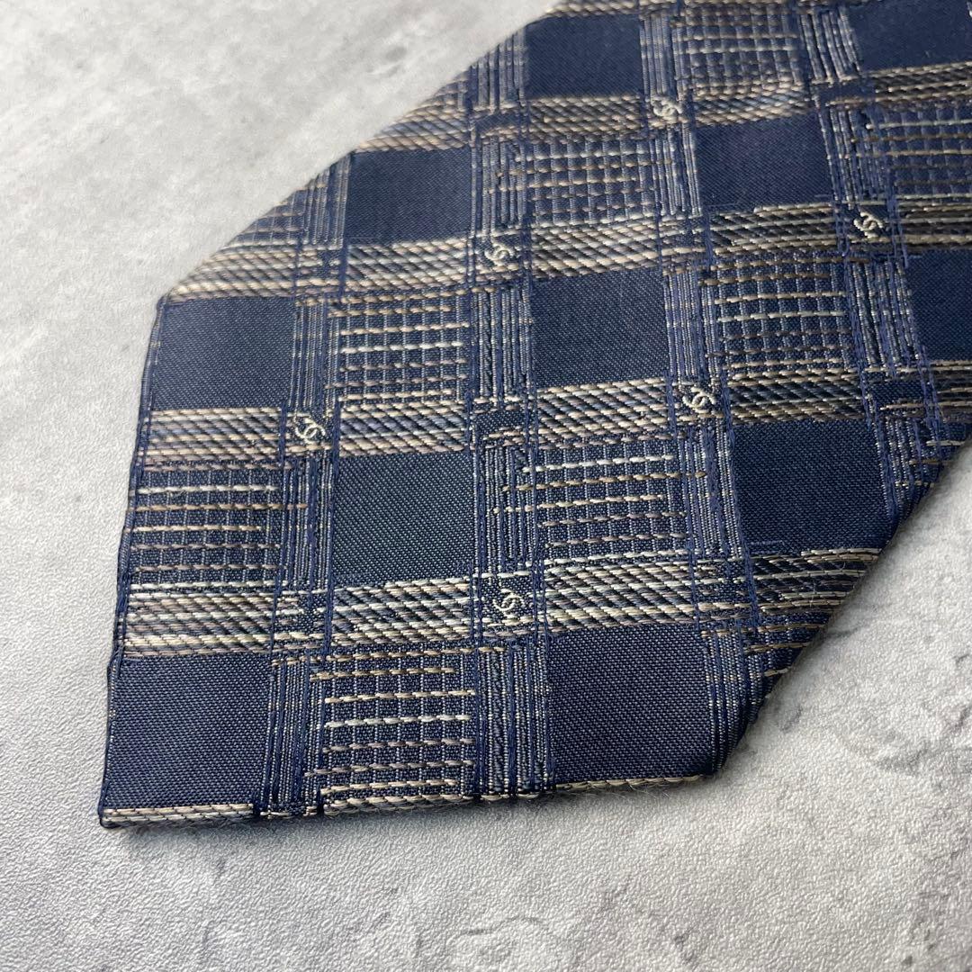 美品 CHANEL シャネル ジャガード ココマーク 格子柄 ネクタイ ネイビー