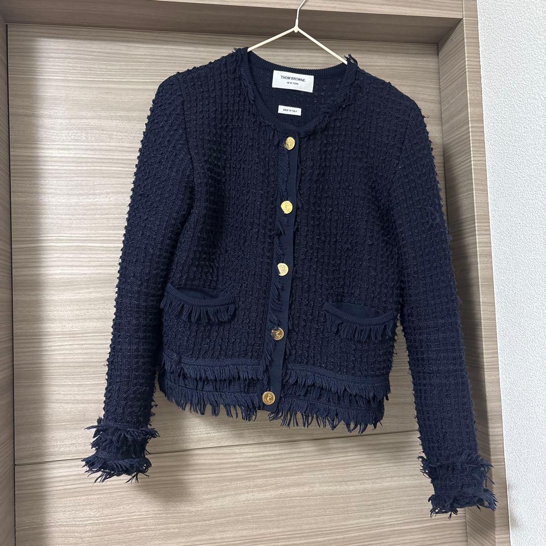 トムブラウン　コットンツイードニットジャケット　ネイビー　38