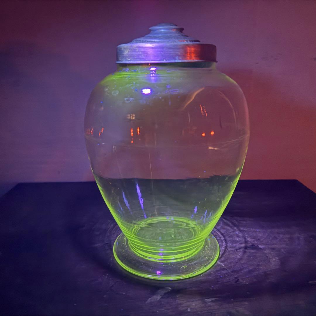 アンティーク レトロ ガラス瓶 30cm アルミ蓋 ウランガラス 気泡