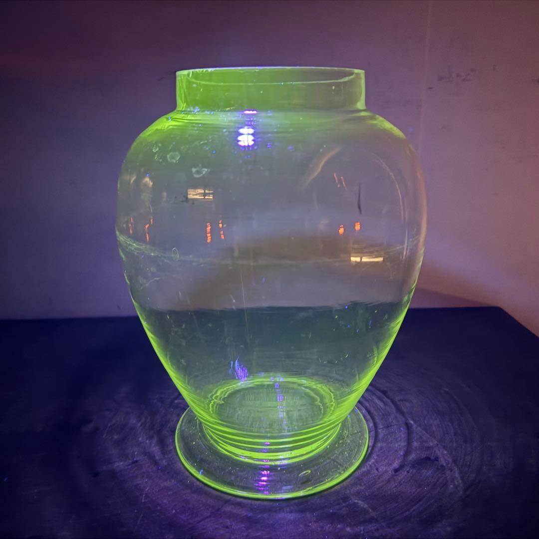 アンティーク レトロ ガラス瓶 30cm アルミ蓋 ウランガラス 気泡