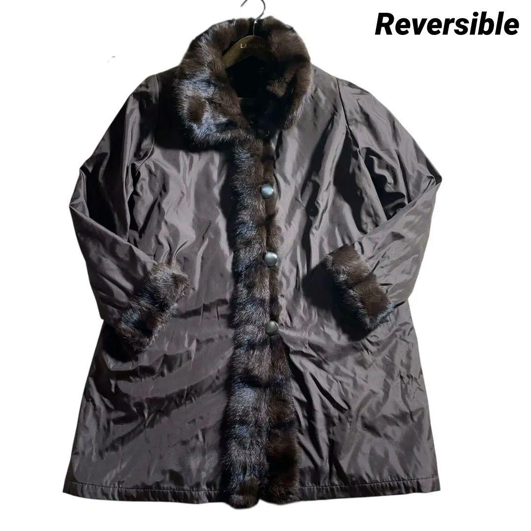 防寒抜群✨極美品✨リバーシブルコート 着丈86 リアルファー 毛皮 シルク100