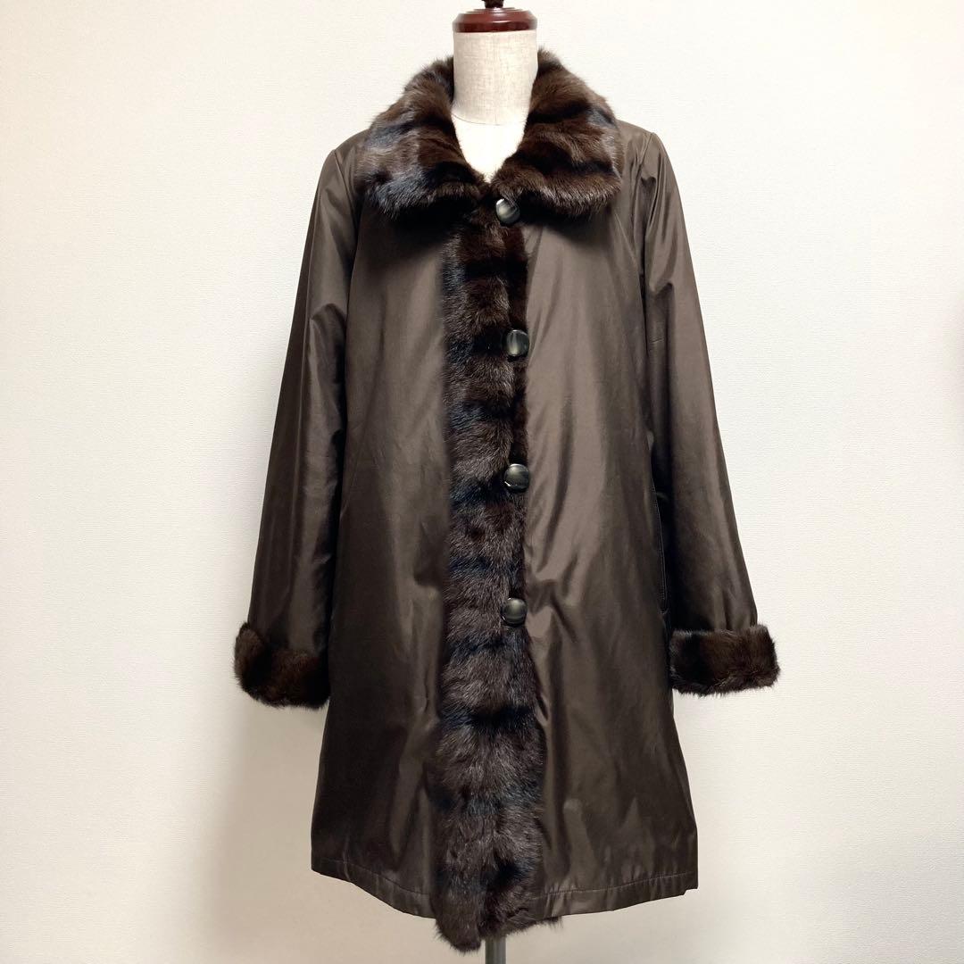 防寒抜群✨極美品✨リバーシブルコート 着丈86 リアルファー 毛皮 シルク100