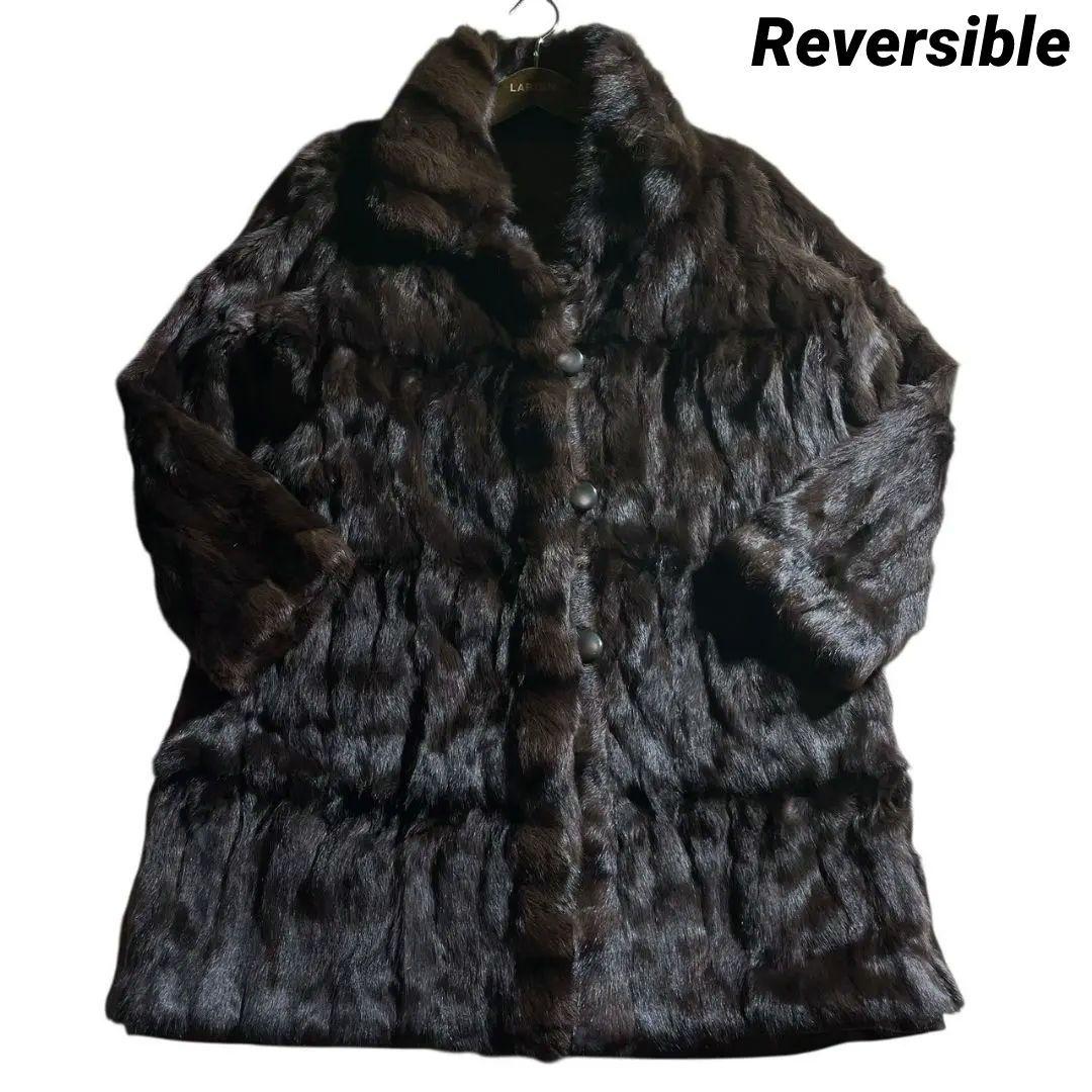 防寒抜群✨極美品✨リバーシブルコート 着丈86 リアルファー 毛皮 シルク100