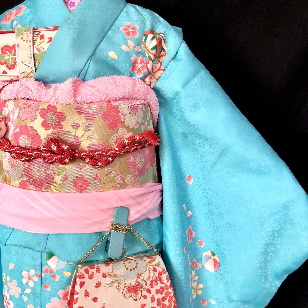 七五三　7歳　女の子　水色　桜　四つ身　着物　作り帯　セット　753 七歳　7才