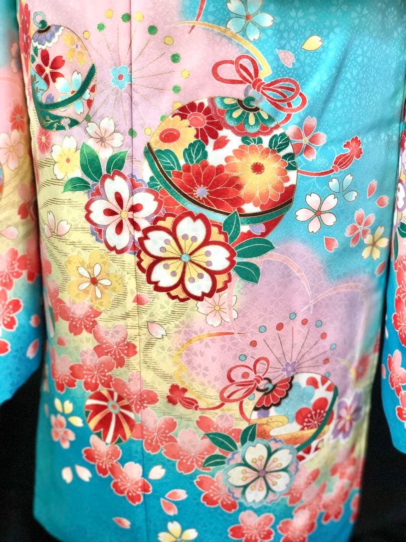 七五三　7歳　女の子　水色　桜　四つ身　着物　作り帯　セット　753 七歳　7才