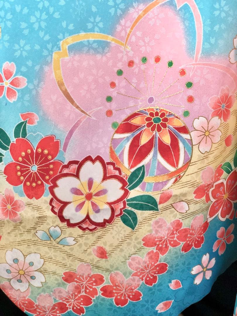 七五三　7歳　女の子　水色　桜　四つ身　着物　作り帯　セット　753 七歳　7才