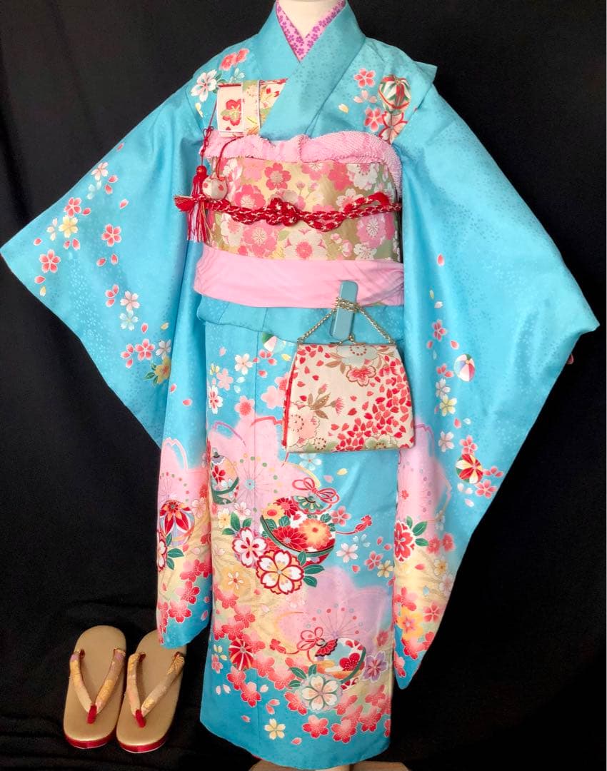七五三　7歳　女の子　水色　桜　四つ身　着物　作り帯　セット　753 七歳　7才