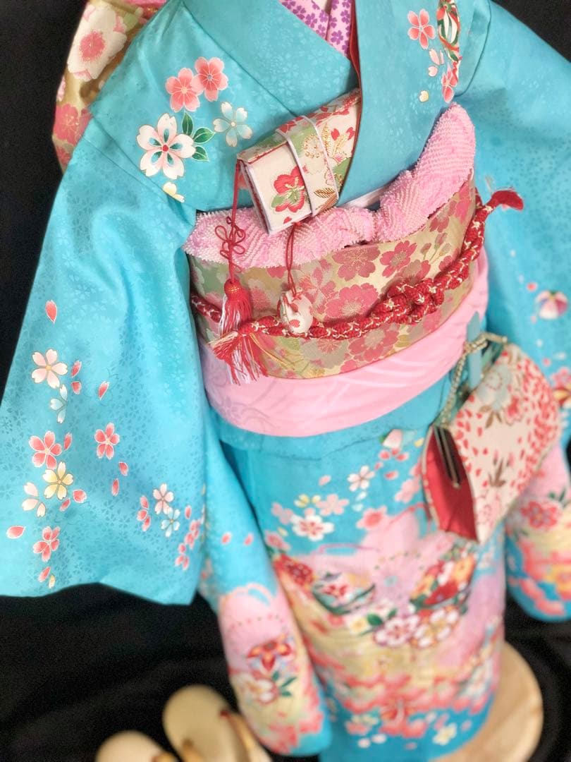 七五三　7歳　女の子　水色　桜　四つ身　着物　作り帯　セット　753 七歳　7才