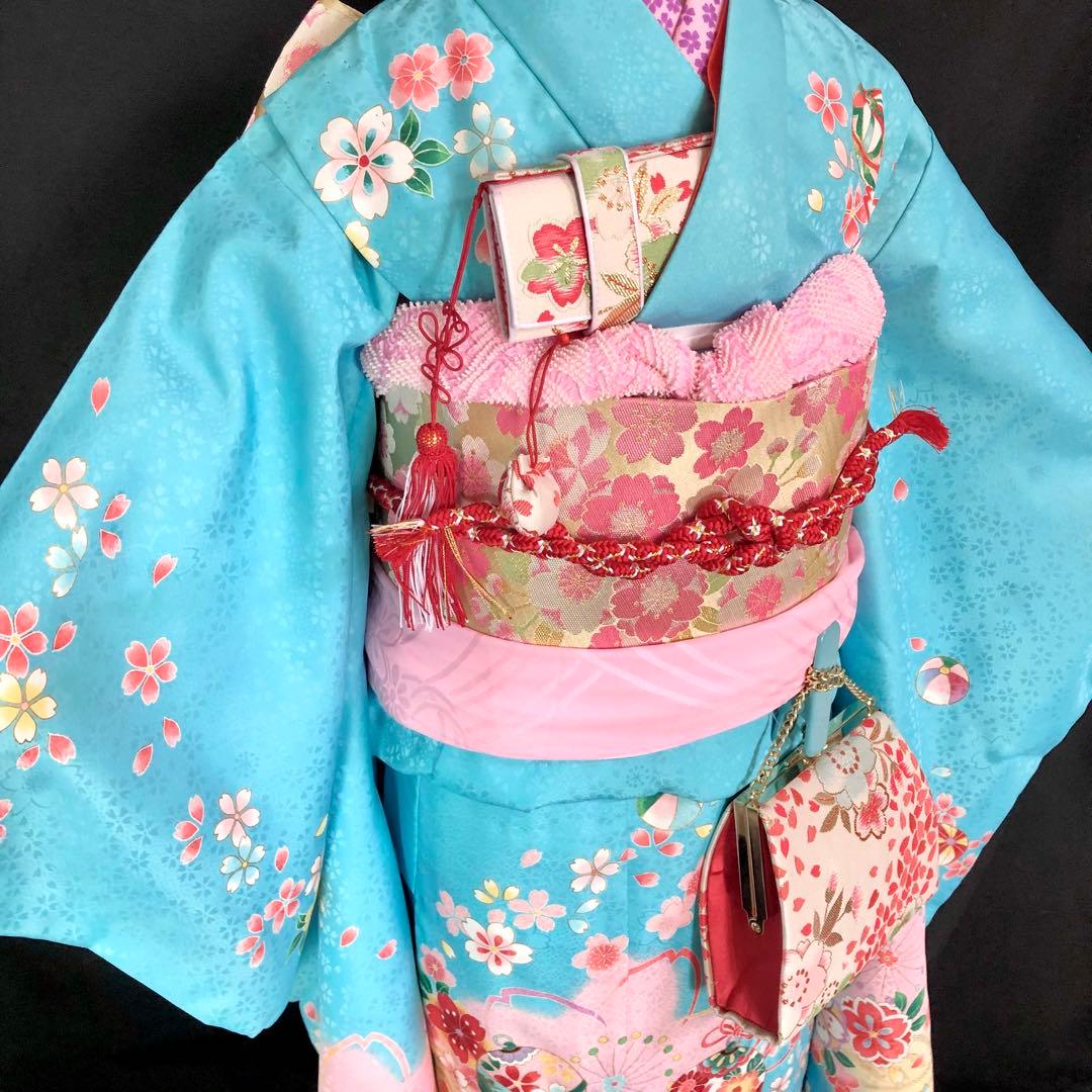 七五三　7歳　女の子　水色　桜　四つ身　着物　作り帯　セット　753 七歳　7才