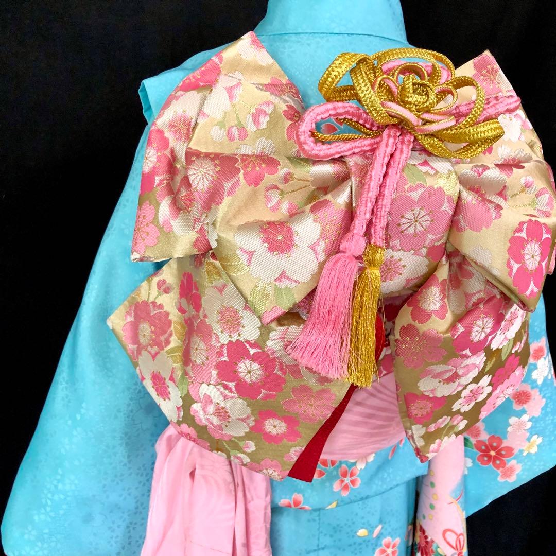 七五三　7歳　女の子　水色　桜　四つ身　着物　作り帯　セット　753 七歳　7才