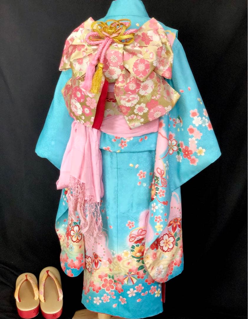 七五三　7歳　女の子　水色　桜　四つ身　着物　作り帯　セット　753 七歳　7才