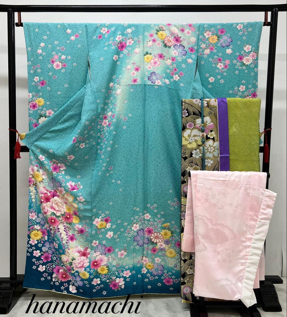 振り袖　フルセット　長襦袢付　ブルー　成人式　金彩加工　刺繍入り　銀通し　754