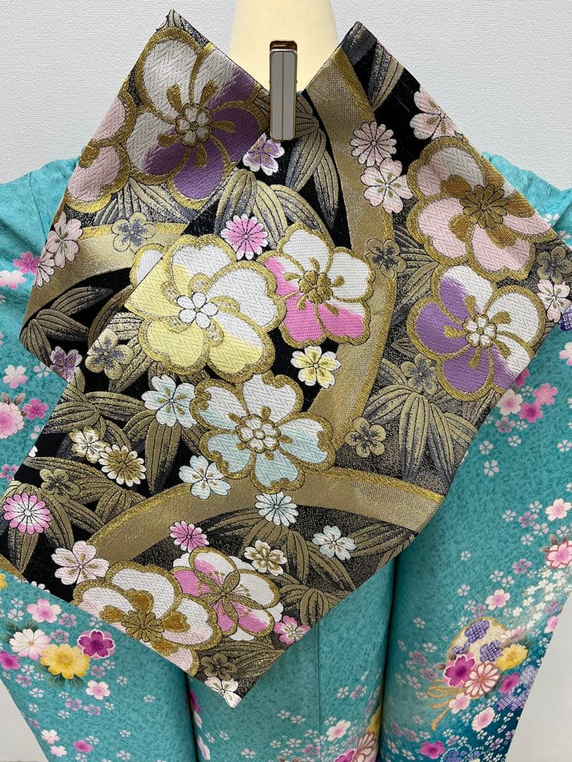 振り袖　フルセット　長襦袢付　ブルー　成人式　金彩加工　刺繍入り　銀通し　754