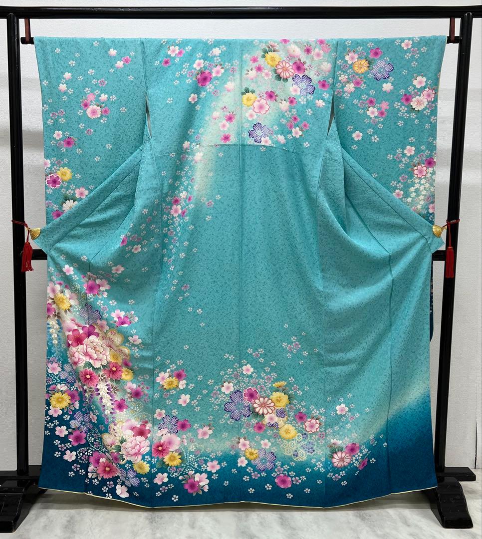 振り袖　フルセット　長襦袢付　ブルー　成人式　金彩加工　刺繍入り　銀通し　754