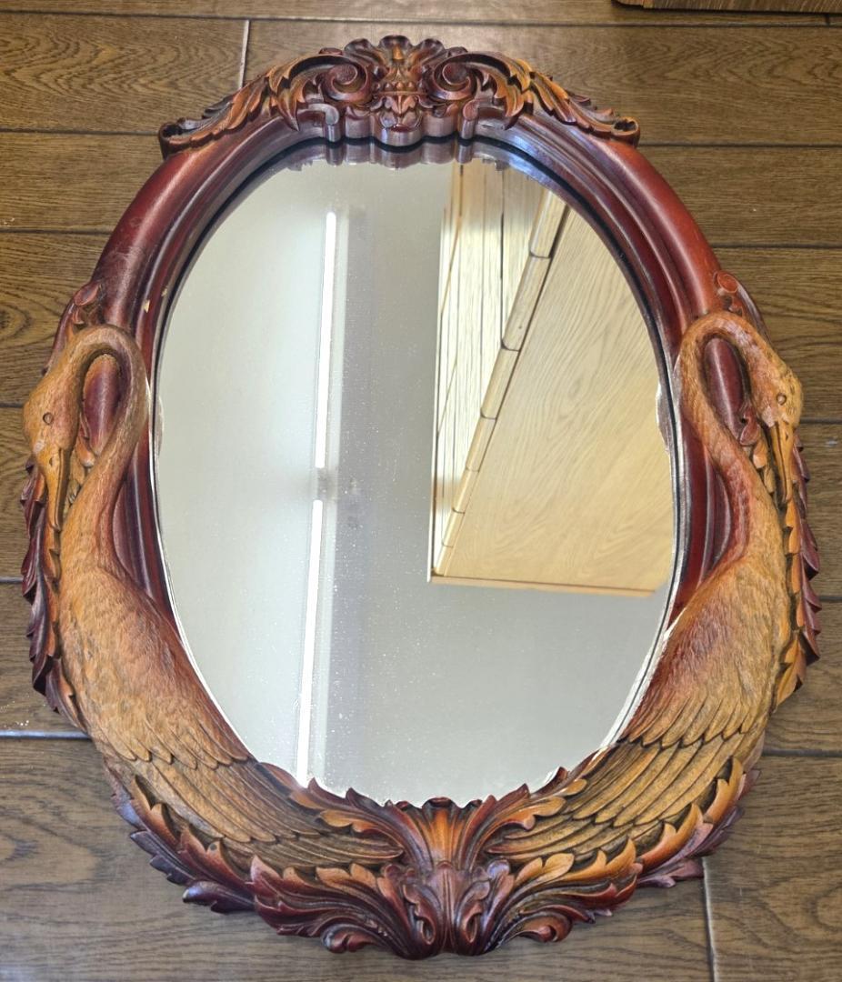 〈現状渡し〉ニッカ 壁掛け ミラー 鏡 木彫り 白鳥 アンティーク