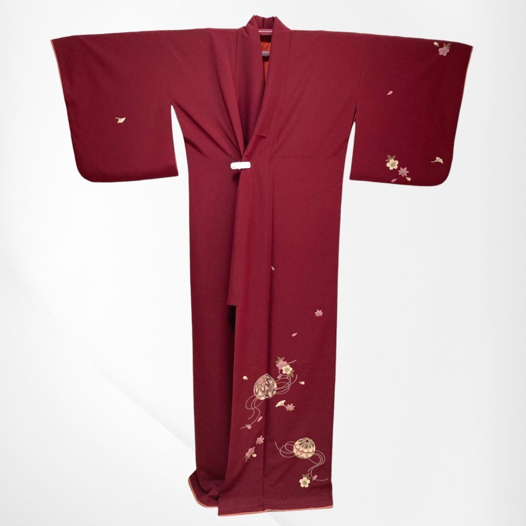 【美品✨】夢工房　池田重子監修　洗える着物　絵羽小紋　深紅　毬　トールサイズQ9