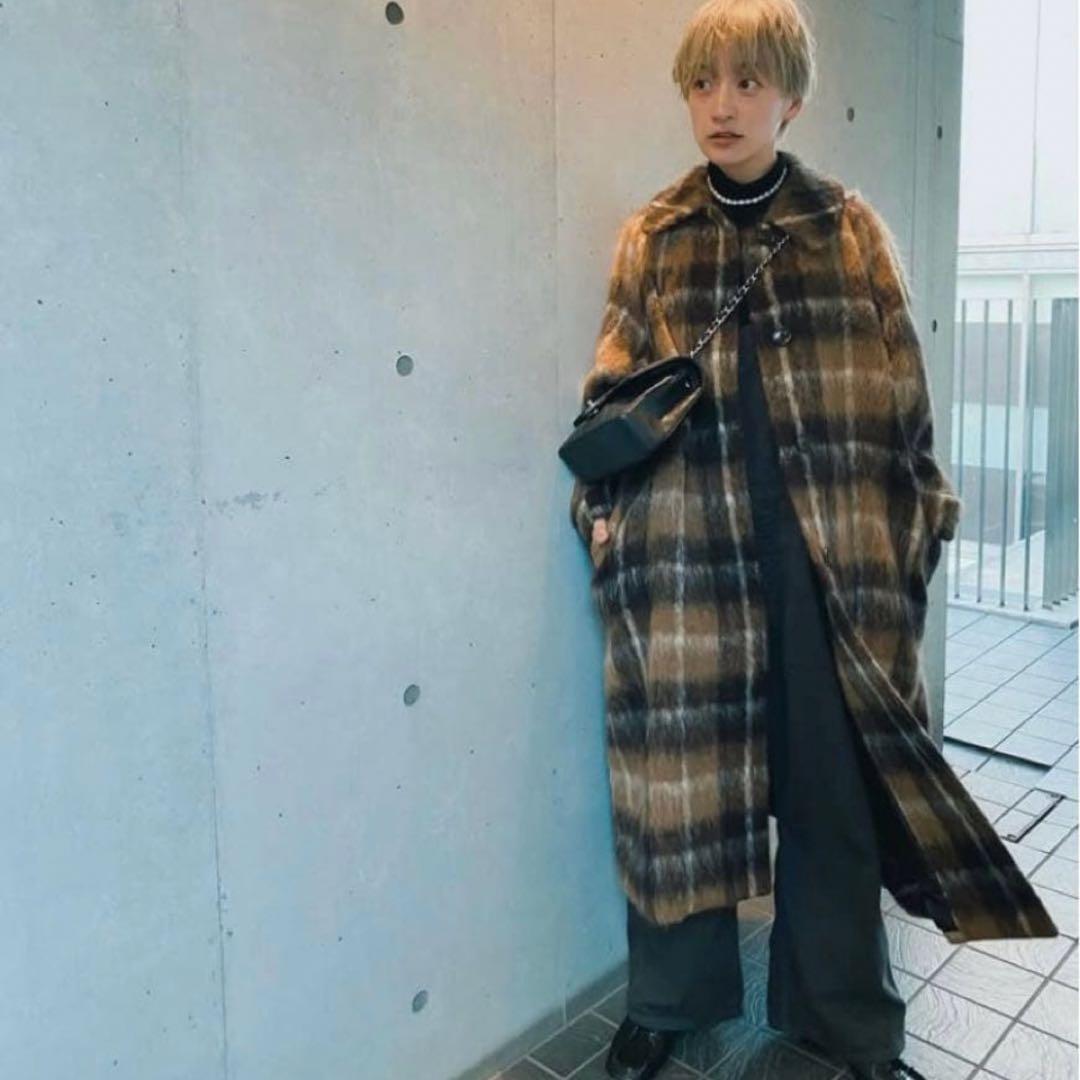 【美品】Curensology アルパカシャギー　チェックコート ブラウン