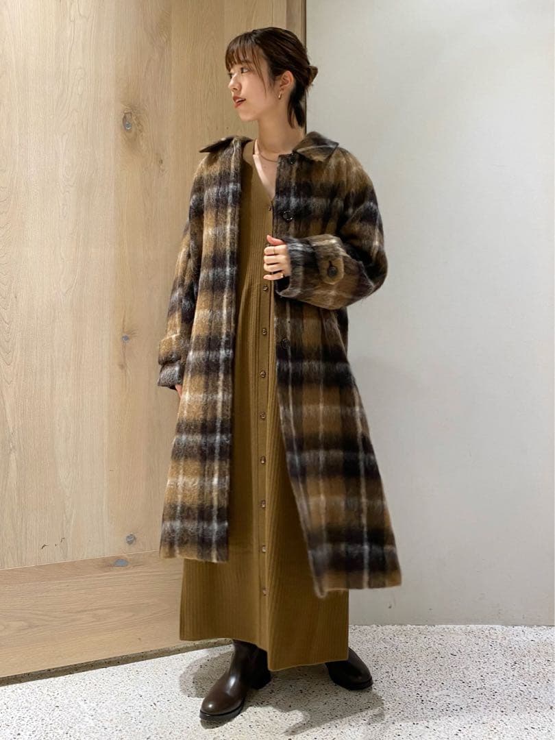【美品】Curensology アルパカシャギー　チェックコート ブラウン