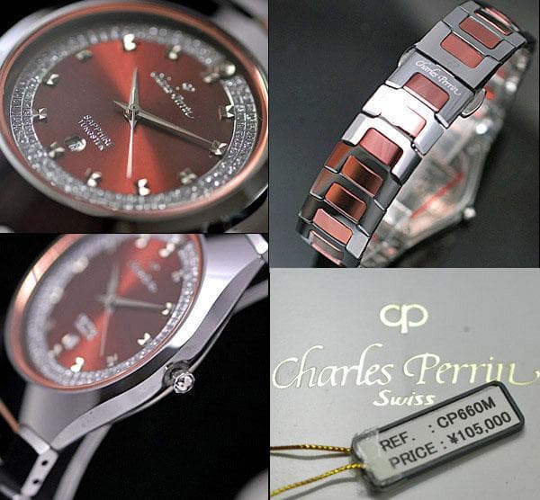 新品Charles Perrinタングステン腕時計メンズ未使用ワインレッド
