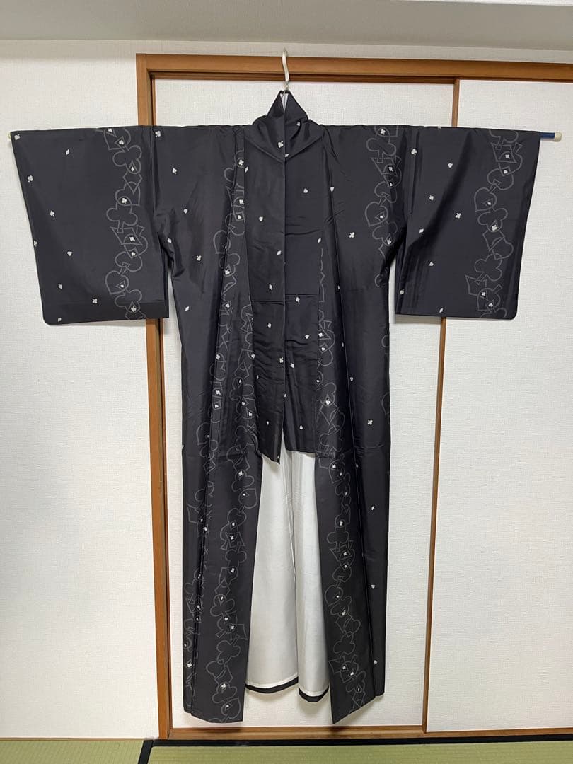 白山紬　グレー　トランプ柄　カジュアル着物