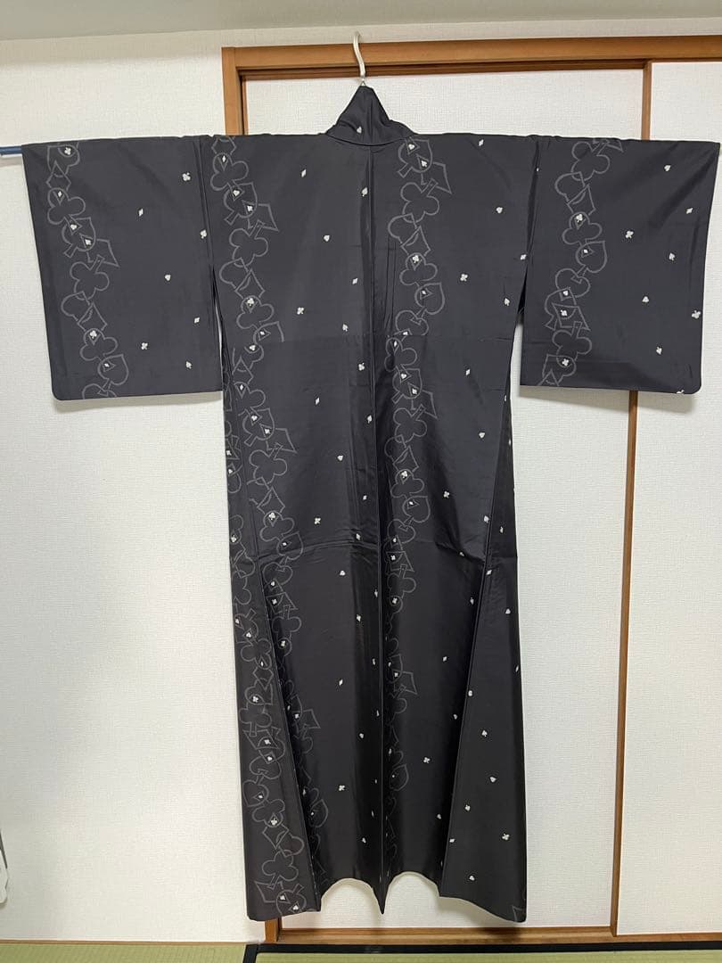 白山紬　グレー　トランプ柄　カジュアル着物