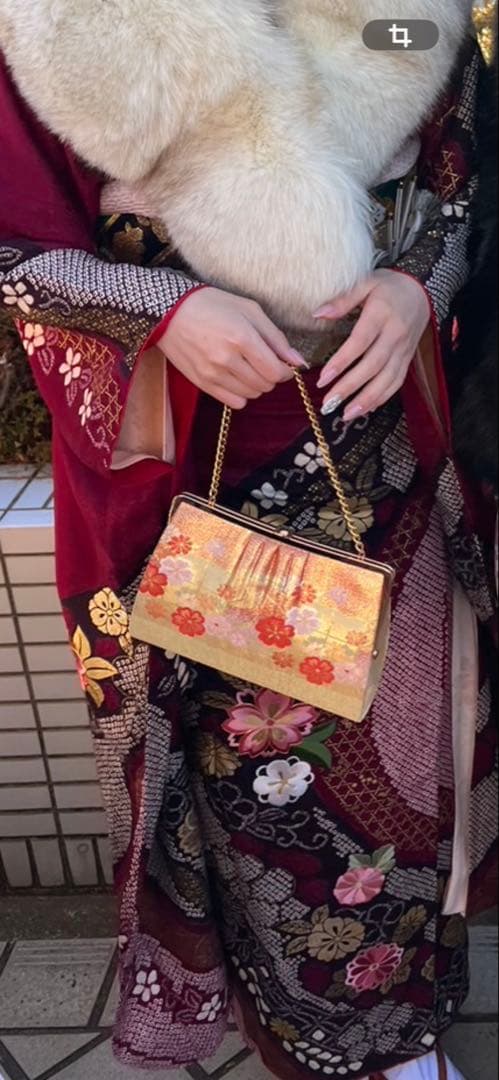 振袖 紫花柄 金緑色帯