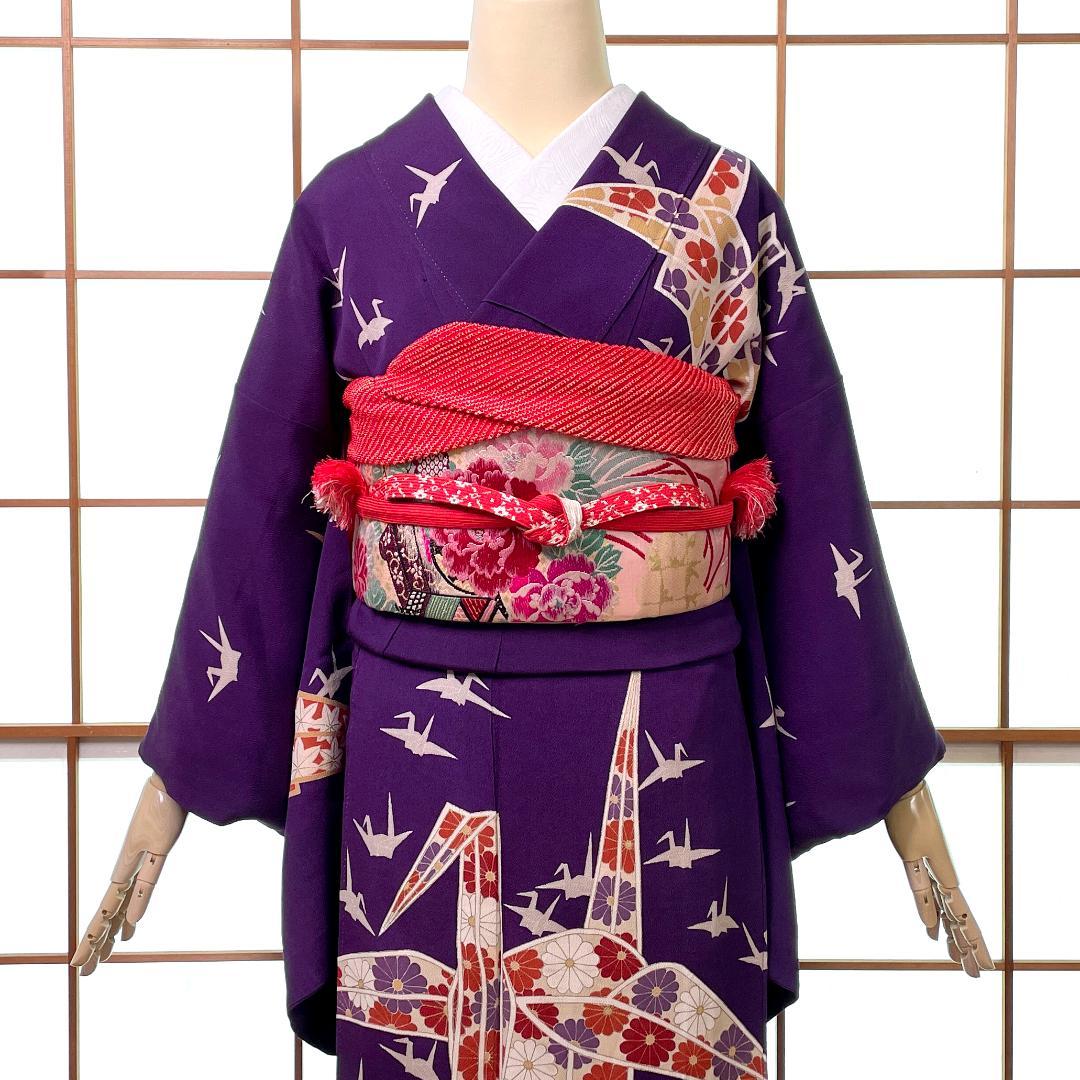 訪問着 一つ紋 正絹 ちりめん 金彩 折り鶴 紫 アンティーク着物 A-2722