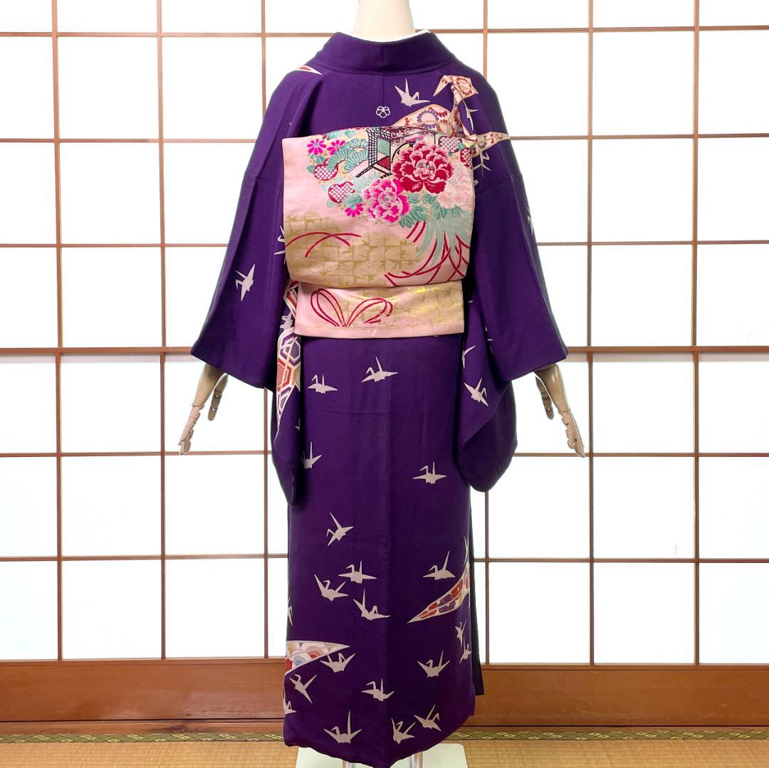 訪問着 一つ紋 正絹 ちりめん 金彩 折り鶴 紫 アンティーク着物 A-2722