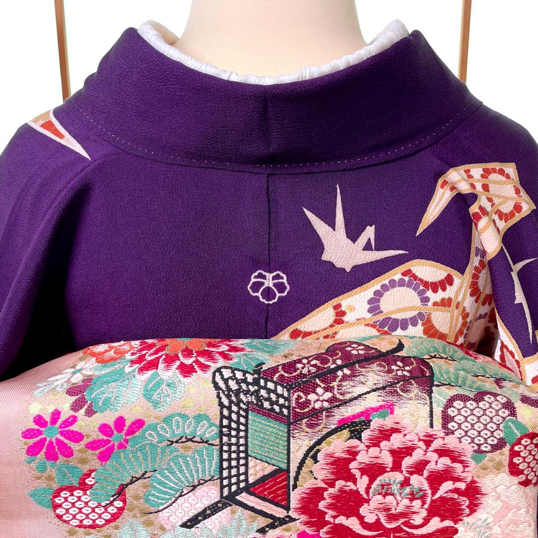 訪問着 一つ紋 正絹 ちりめん 金彩 折り鶴 紫 アンティーク着物 A-2722