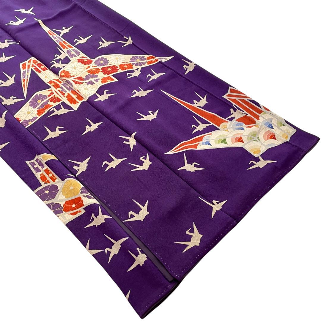 訪問着 一つ紋 正絹 ちりめん 金彩 折り鶴 紫 アンティーク着物 A-2722