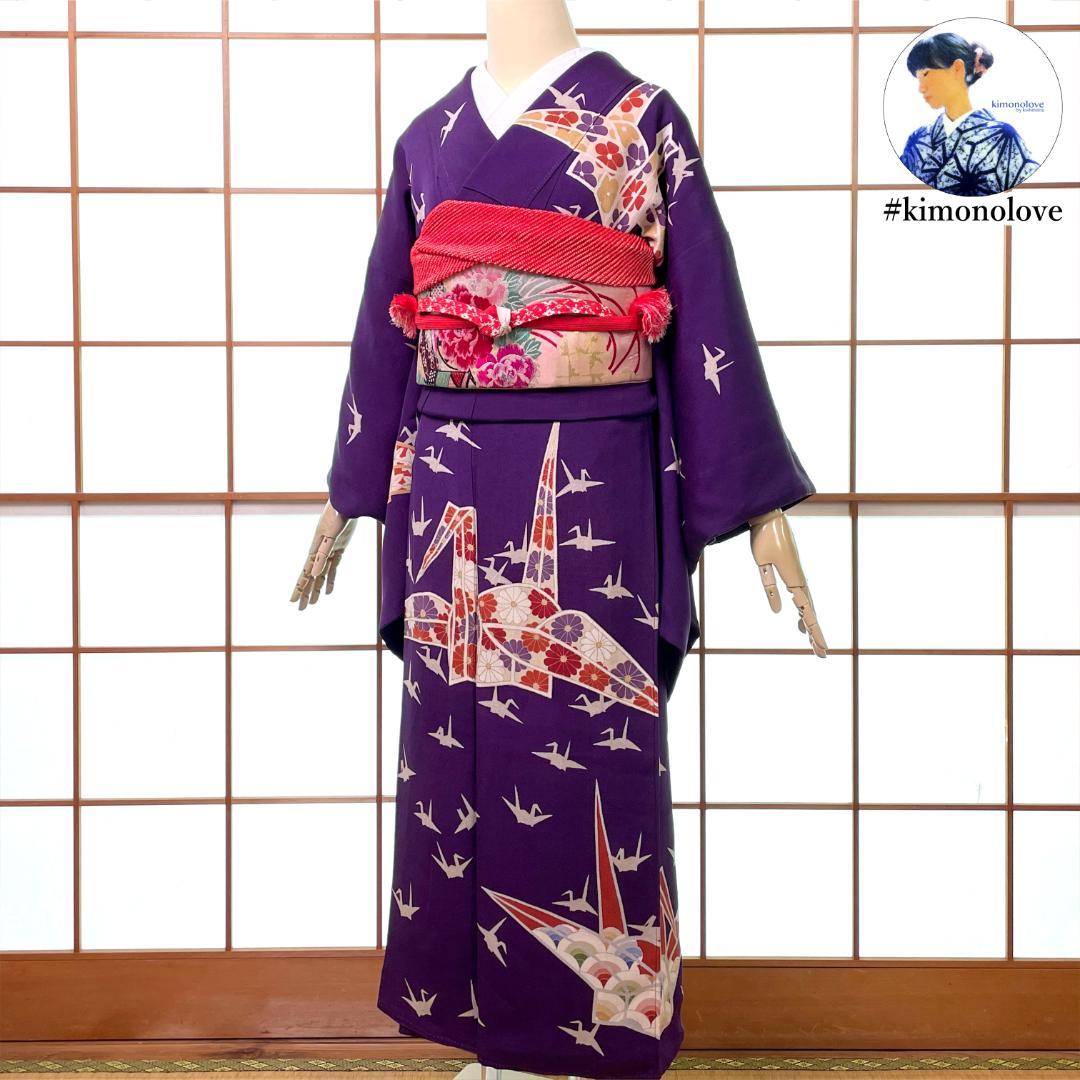 訪問着 一つ紋 正絹 ちりめん 金彩 折り鶴 紫 アンティーク着物 A-2722