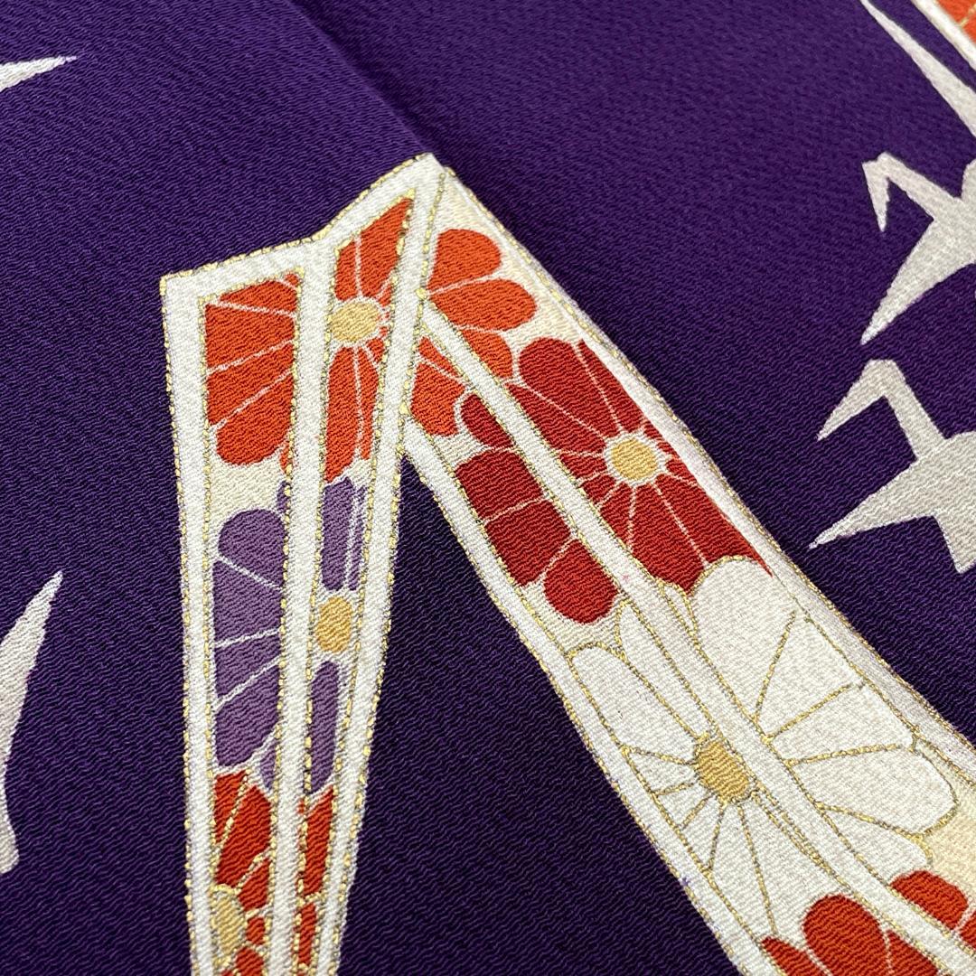 訪問着 一つ紋 正絹 ちりめん 金彩 折り鶴 紫 アンティーク着物 A-2722